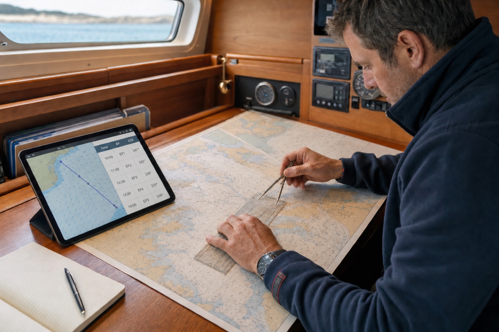 A navigator using an iPad beside a paper chart at a yacht's chart table